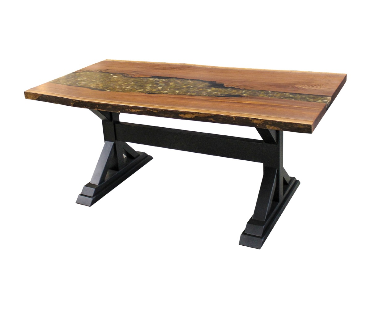 Walnut River Table with River Stones and Double-X Base — 40" x 72"