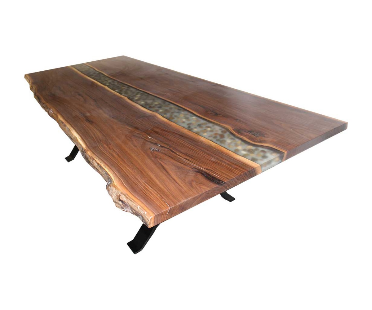Walnut Epoxy Table with Dolphin and River Stone Epoxy and Golden Gate Base — 40" x 96"