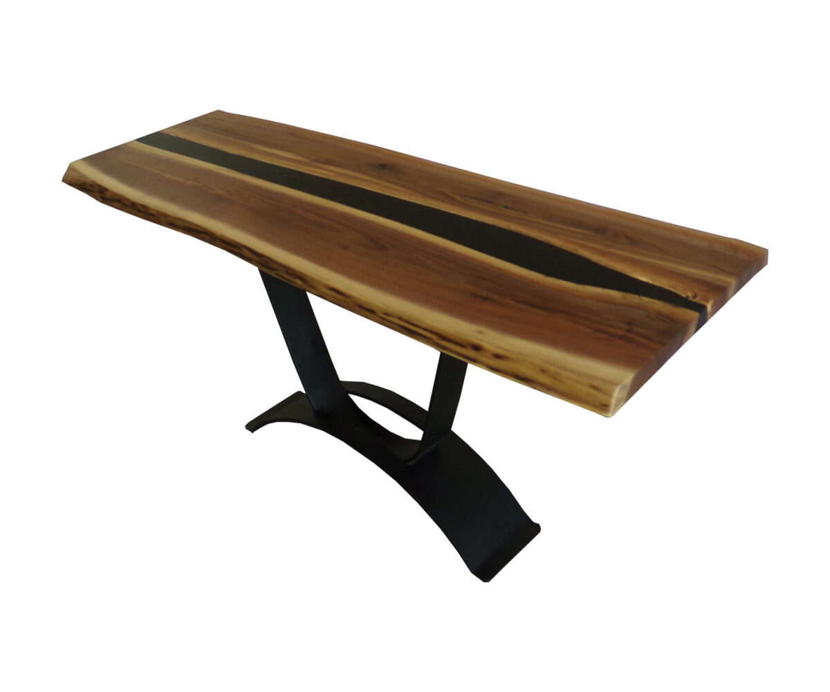 Walnut Sofa Table with Liquid Black Epoxy and Flint Stone Base — 20" x 60"